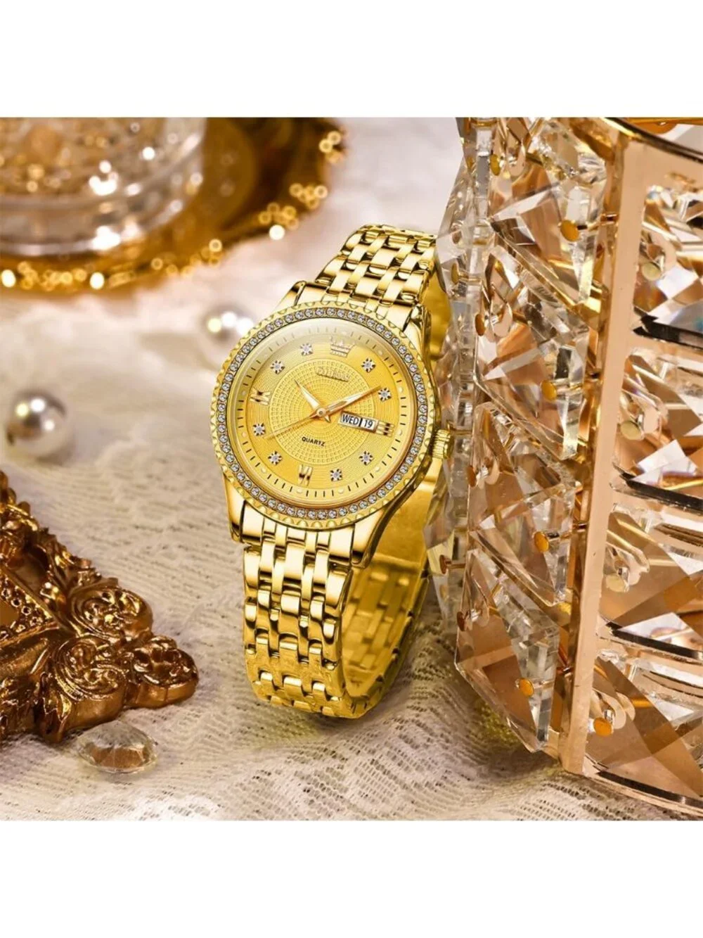 Women's Gold Stainless Steel Luxury Elegant Dress Quartz Analog Wrist Watch